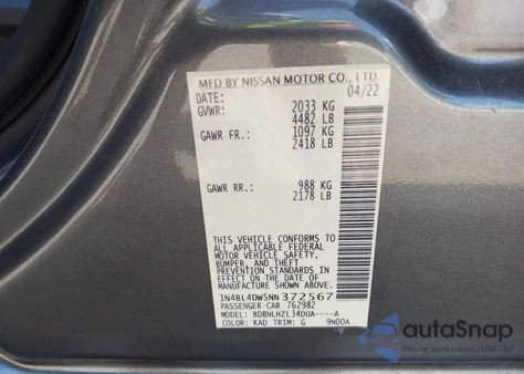 2022 Nissan Altima Sv Intelligent Awd from USA, damaged, VIN 1N4BL4DW5NN372567